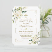 Luxury White Flowers Gold Glitter Lijst Baptisme Kaart (Staand voorkant)