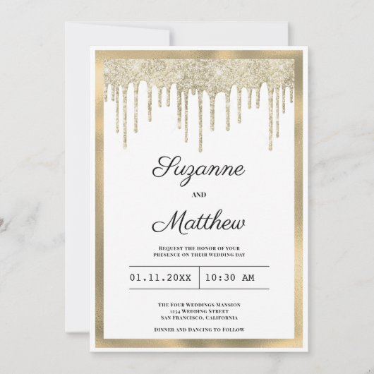 Luxury white gold glitter drips wedding kaart (Voorkant)