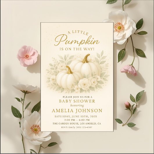 Luxury White & Gold Pumpkin Baby Shower Invitation