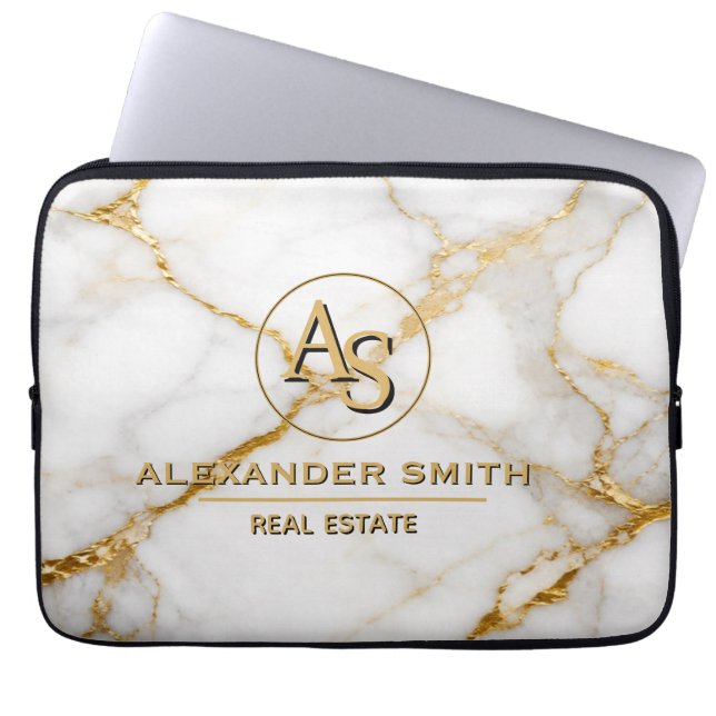 Luxury White Marble Gold Monogram Real Estate  Laptop Sleeve (Voorkant)