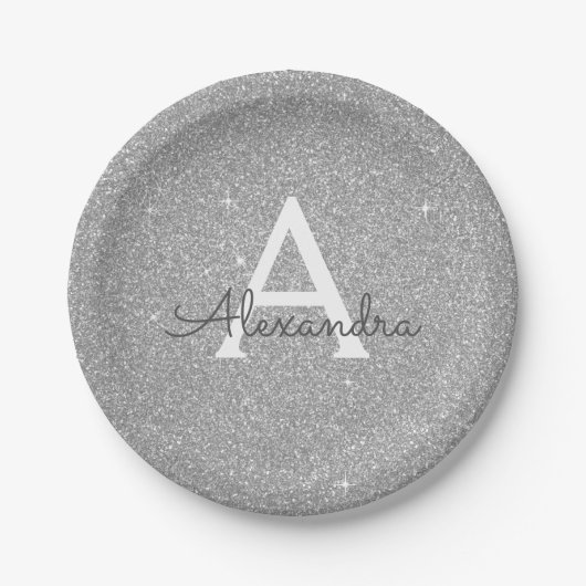 Luxury Zilver Glitter & Glans Monogram Verjaardag Papieren Bordje (Voorkant)