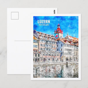 Luzern Zwitserland Famous Travel Waterverf Sketch Briefkaart