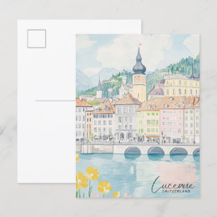 Luzern Zwitserland Gouache Illustratie Reizen Briefkaart