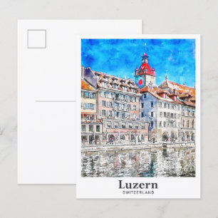 Luzern Zwitserland Travel Waterverf Hand getekend Briefkaart