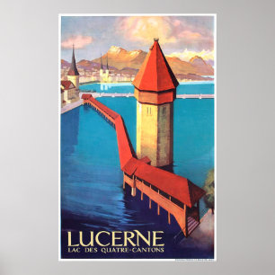 Luzern, Zwitserland, uitzicht op meer en een toren Poster
