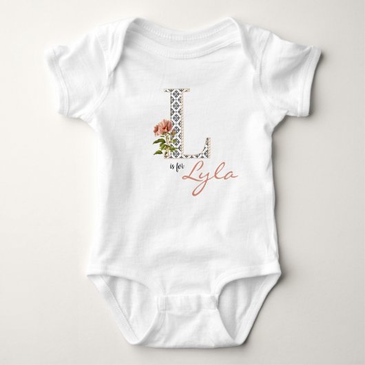 Lyla naam onthullen Floral Letter L Girl Whimsical Romper (Voorkant)