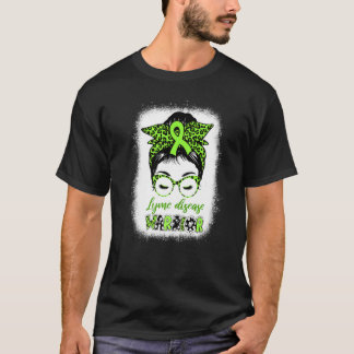 Lyme Disease Awareness Messy Bun Leopard Ribbon Ly T-shirt