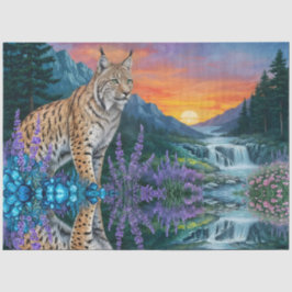 Lynx at sunrise by waterfall tissuepapier