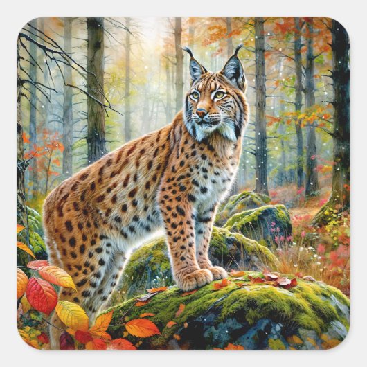 Lynx in Herfst Forest Autumcore Waterverf Vierkante Sticker (Voorkant)