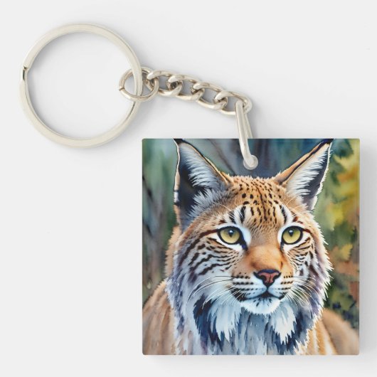 Lynx Portret Waterverf Feline Art Sleutelhanger (Voorkant)