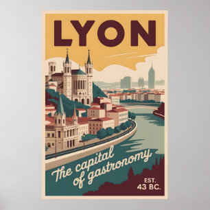 Lyon Frankrijk Retro Silhouette Stadslandschap Rei Poster