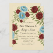 Lyons Blauwe pioen & rode rozen bruiloft Kaart (Voorkant / Achterkant)