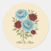 Lyons Blue Peony en Fig Paarse Roos bruiloft Ronde Sticker (Voorkant)