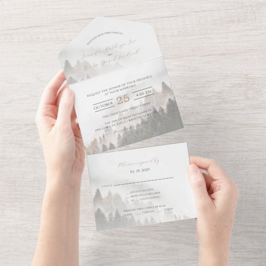 ©Lyrical Pine Forest Bossen herfstbruiloft All In One Uitnodiging (Afscheurbaar)