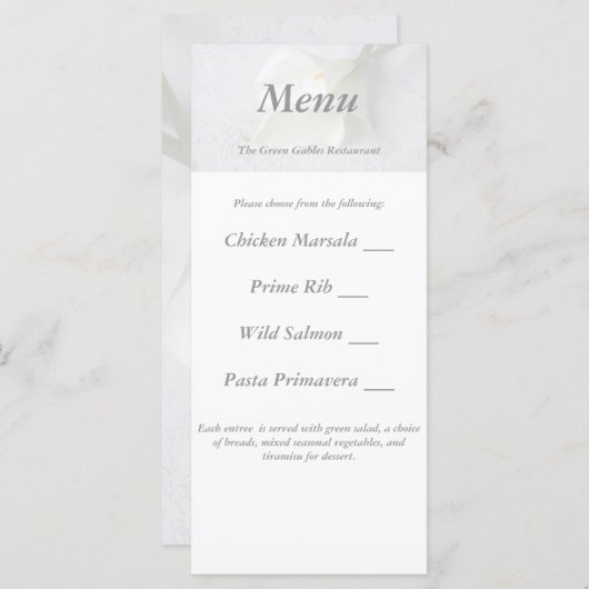 lys calla blanche sur lin carte menu mariage (Devant / Derrière)