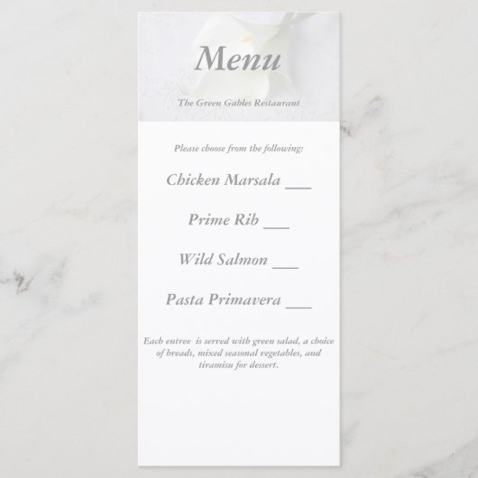 lys calla blanche sur lin carte menu mariage (Devant)