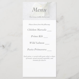 lys calla blancs sur carte de menu mariage en lin