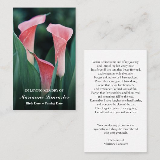 Lys d'arum rose | Cartes de prières funéraires com (Devant / Derrière)