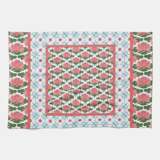 Lys d'eau rose, libellules bleues : Serviette de c (Horizontal)