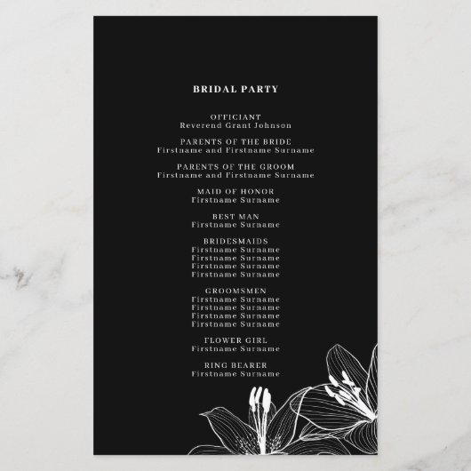 Lys floraux noirs et blancs Programmes de mariage (Dos)