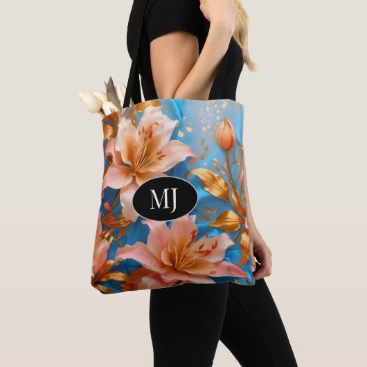 Lys rose or Monogramme sur Sac fourre-tout de soie (De près)