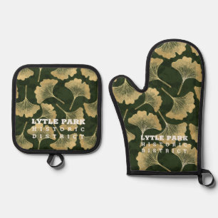 Lytle Park-Gold Ginko Patroon Houder Oven Mitt Ovenwant & Pannenlap Set