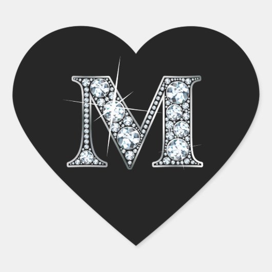"M" Diamond Bling on Black Heart Sticker (Voorkant)