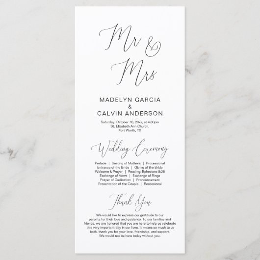 M. et Mme, programme de cérémonie Mariage moderne (Devant)