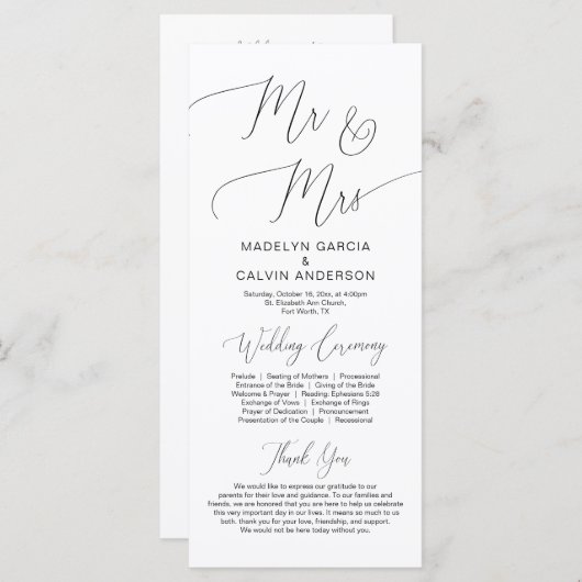 M. et Mme, programme de cérémonie Mariage moderne  (Devant / Derrière)