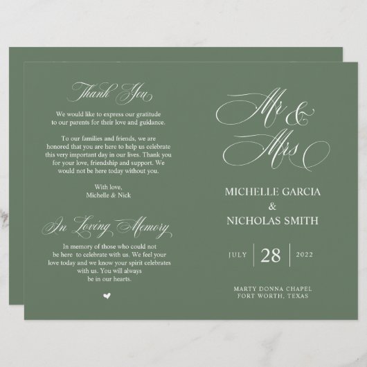 M. et Mme, Sage Green, Programme de mariage pliabl (Devant / Derrière)