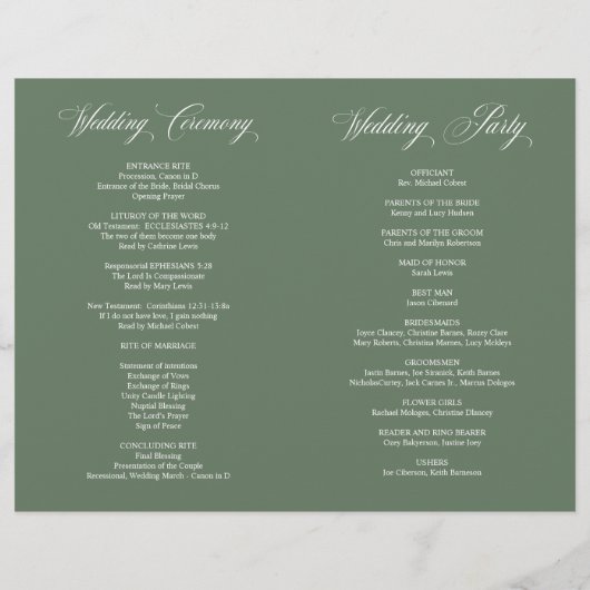 M. et Mme, Sage Green, Programme de mariage pliabl (Dos)