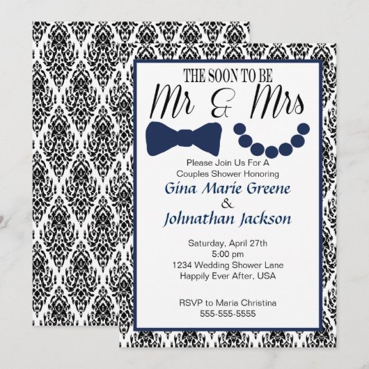 M. et Mme Shower Invitation (Navy1) de damassé (Devant / Derrière)