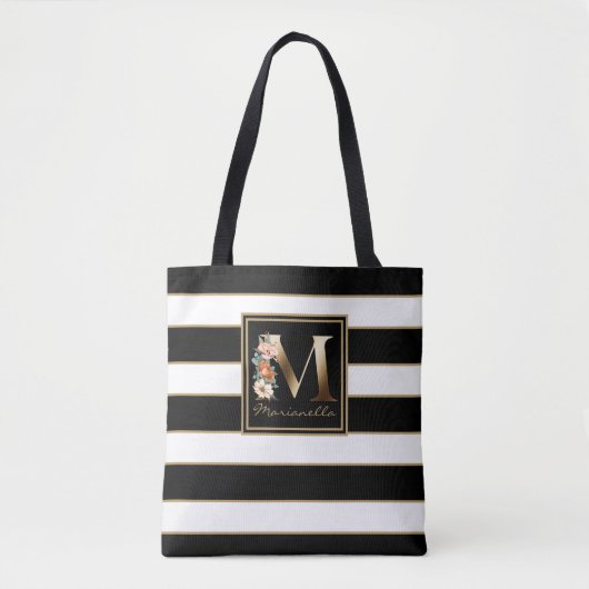 M Gouden Bloem Monogram | Zwart Wit Gouden Strepen Draagtas (Voorkant)