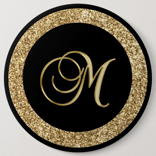 M gouden monogram op zwart ronde button 6,0 cm (Voorkant)