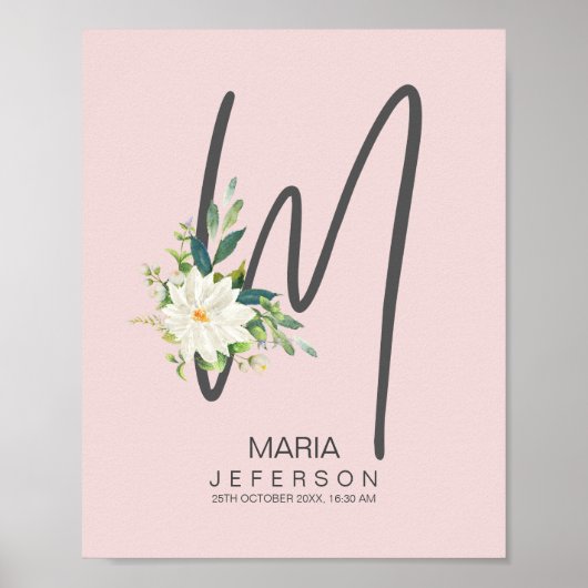 M Letter Monogram Blush Floral Decor Poster (Voorkant)
