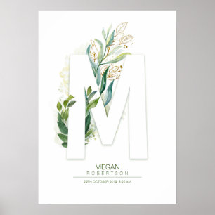 M Letter Monogram Goud Groene Bladeren Chic Poster