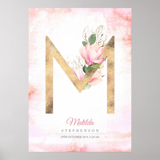 M Letter Monogram Gouden Bladeren Roze Magnolia Bl Poster (Voorkant)
