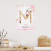 M Letter Monogram Gouden Bladeren Roze Magnolia Bl Poster (Keuken)