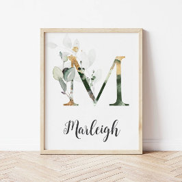 M Letter Monogram Groene Nursery Naam Muurprint Poster