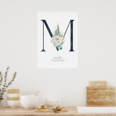 M Letter Monogram White Flowers and Greenery Poster (Keuken)