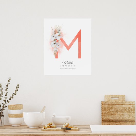 M Letter Monogram White Orchids and Pampas Grass Poster (Keuken)