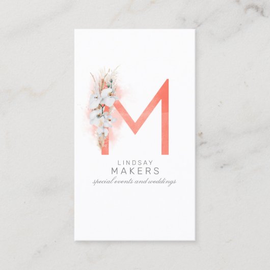 M Letter Monogram White Orchids and Pampas Grass Visitekaartje (Voorkant)