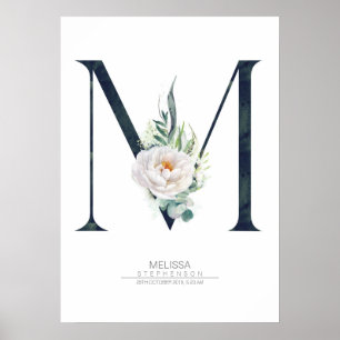 M Letter Monogram Witte Bloemen en Groene Planten Poster