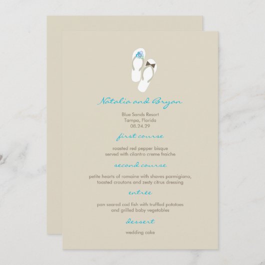 M. & Mme Aqua Flip Flops Plage Mariage Carte Menu (Devant / Derrière)