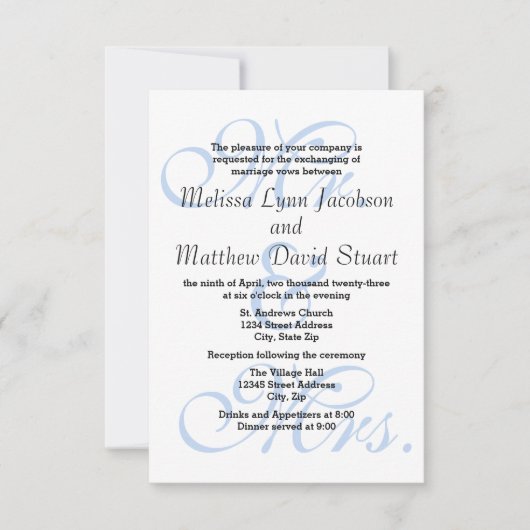 M. & Mme Blue-3x5 Mariage & Réception Invitation (Devant)