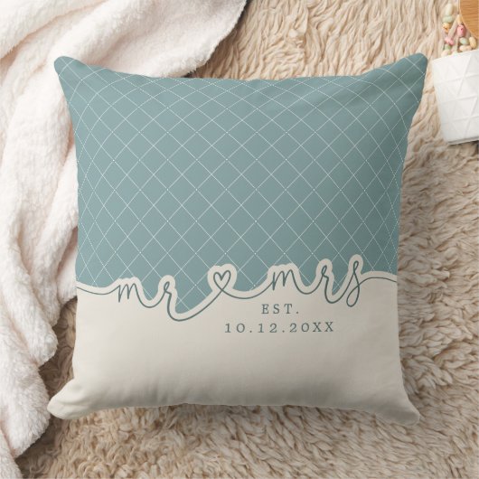 M. Mme Heart Script Coussin Mariage vert Seafoam (Couverture)