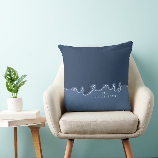 M. Mme Heart Script Dusty Blue Mariage Coussin (Chaise)