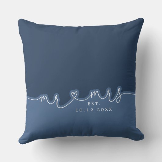 M. Mme Heart Script Dusty Blue Mariage Coussin (Verso)