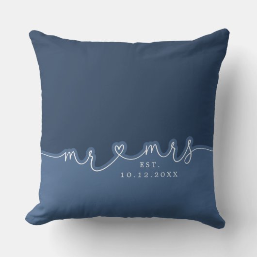M. Mme Heart Script Dusty Blue Mariage Coussin (Recto)