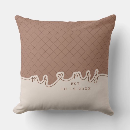 M. Mme Heart Script Mocha Beige Mariage Coussin (Recto)